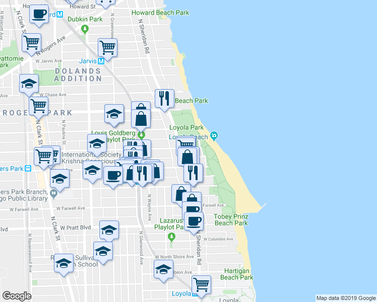 map of restaurants, bars, coffee shops, grocery stores, and more near 1230 West Greenleaf Avenue in Chicago