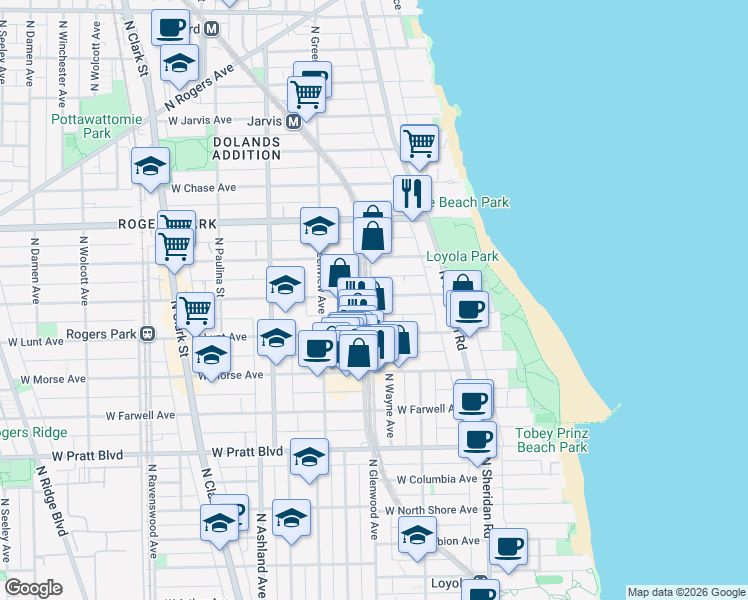 map of restaurants, bars, coffee shops, grocery stores, and more near 7045 North Glenwood Avenue in Chicago