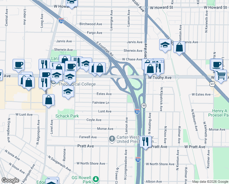 map of restaurants, bars, coffee shops, grocery stores, and more near 4940 Estes Avenue in Skokie