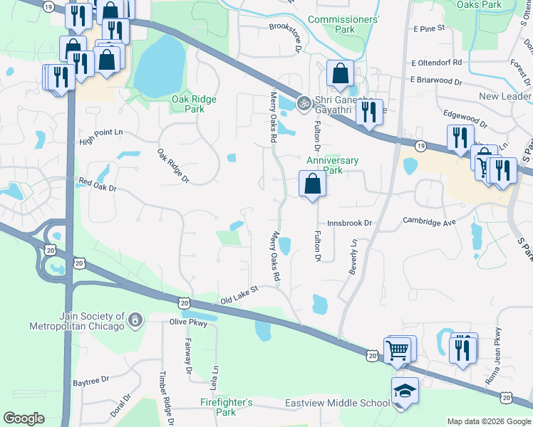 map of restaurants, bars, coffee shops, grocery stores, and more near 3 Bluebird Court in Streamwood