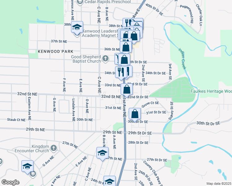 map of restaurants, bars, coffee shops, grocery stores, and more near 129 33rd Street Northeast in Cedar Rapids