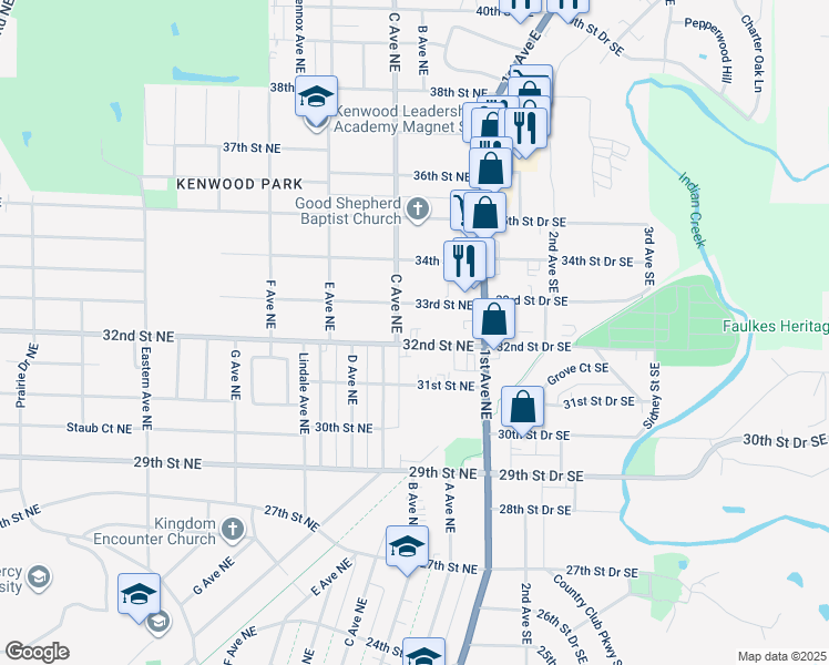 map of restaurants, bars, coffee shops, grocery stores, and more near 3223 C Avenue Northeast in Cedar Rapids
