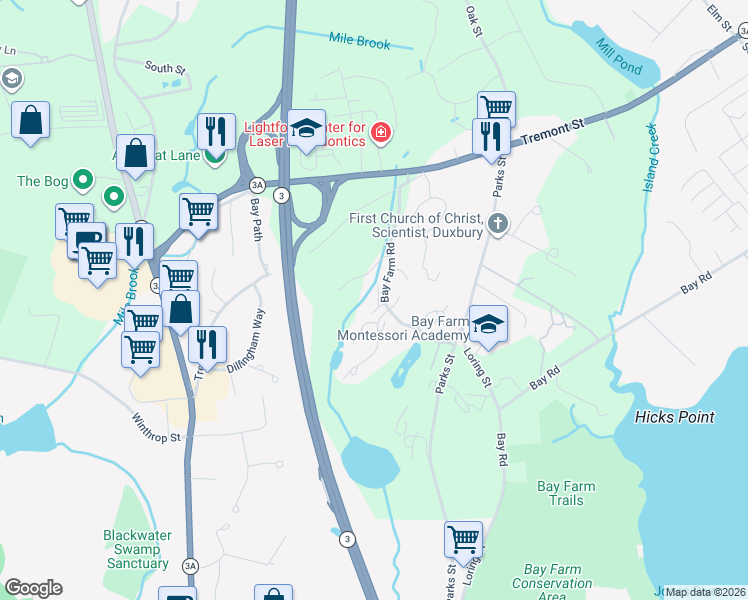map of restaurants, bars, coffee shops, grocery stores, and more near 28 Bay Farm Road in Duxbury
