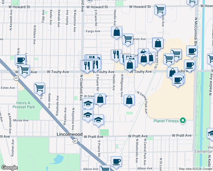 map of restaurants, bars, coffee shops, grocery stores, and more near 3821 West Fitch Avenue in Lincolnwood