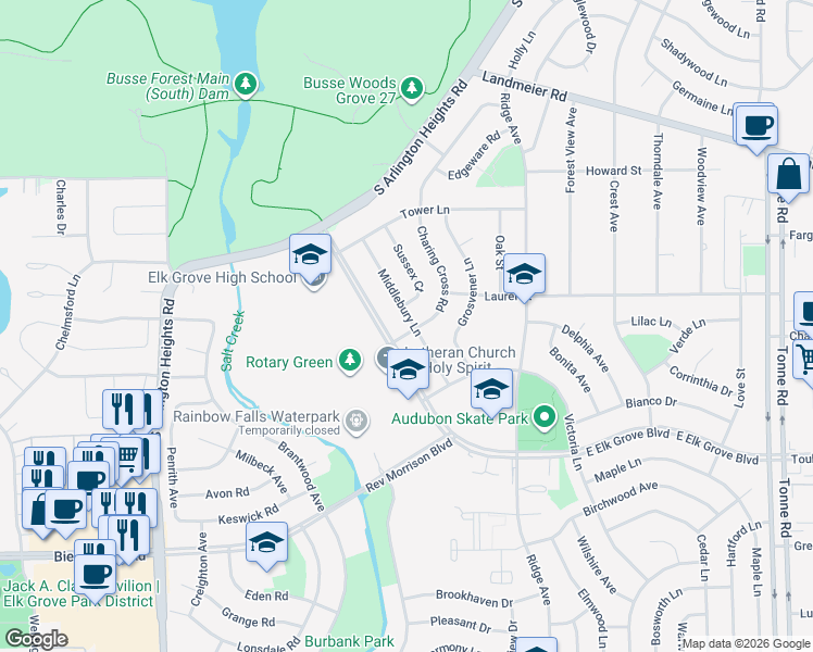 map of restaurants, bars, coffee shops, grocery stores, and more near 600 Middlebury Lane in Elk Grove Village