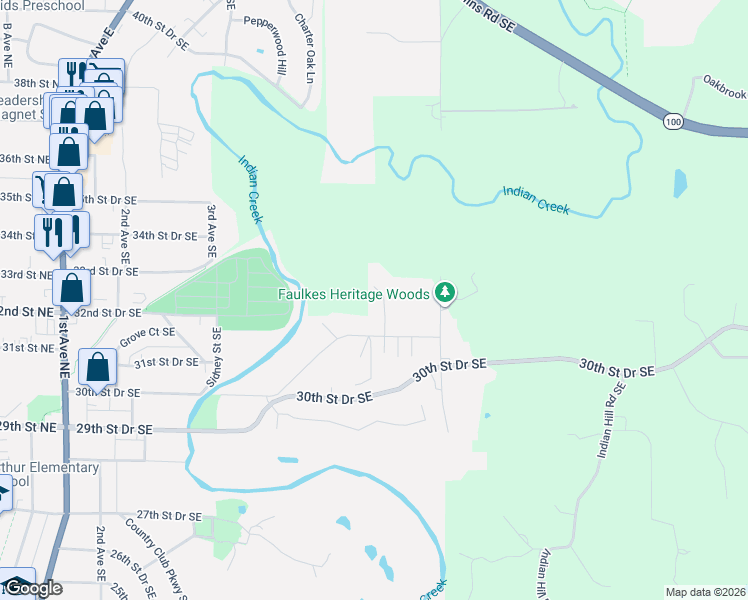map of restaurants, bars, coffee shops, grocery stores, and more near 3366 Adel Street Southeast in Cedar Rapids