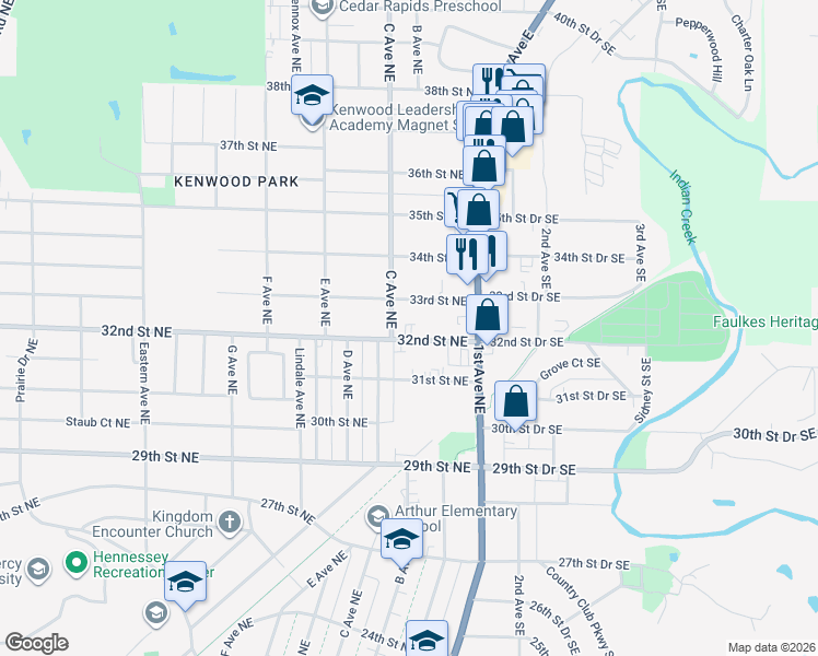 map of restaurants, bars, coffee shops, grocery stores, and more near 3223 C Avenue Northeast in Cedar Rapids