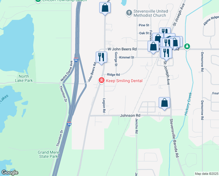 map of restaurants, bars, coffee shops, grocery stores, and more near 3045 Village Court in Stevensville