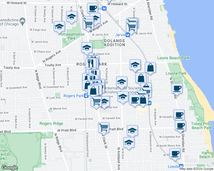 map of restaurants, bars, coffee shops, grocery stores, and more near N Paulina St & W Greenleaf Ave in Chicago