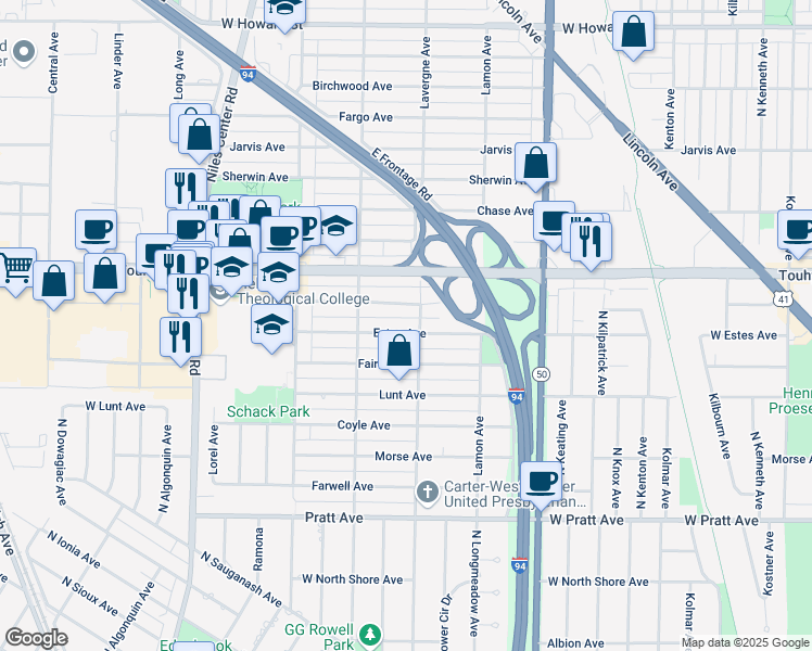 map of restaurants, bars, coffee shops, grocery stores, and more near 7120 Lavergne Avenue in Skokie