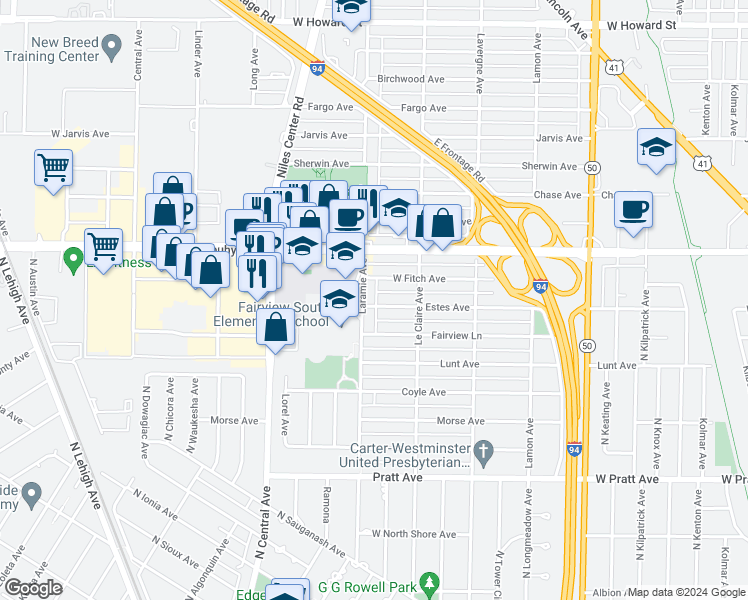 map of restaurants, bars, coffee shops, grocery stores, and more near 5148 Estes Avenue in Skokie