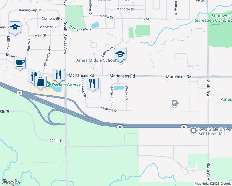 map of restaurants, bars, coffee shops, grocery stores, and more near 1324 Mayfield Drive in Ames