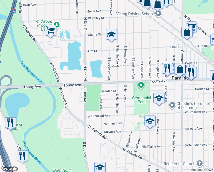 map of restaurants, bars, coffee shops, grocery stores, and more near 1967 West Touhy Avenue in Park Ridge