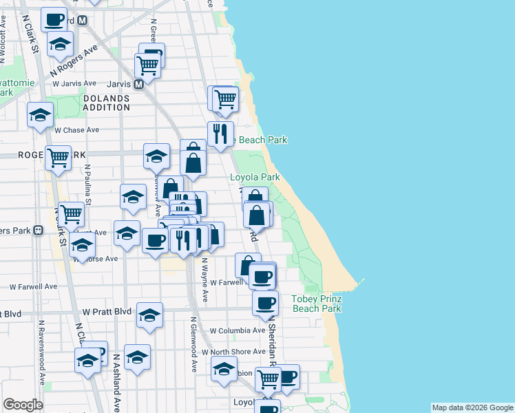 map of restaurants, bars, coffee shops, grocery stores, and more near 1230 West Greenleaf Avenue in Chicago