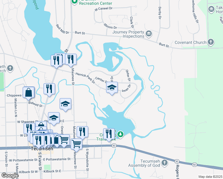 map of restaurants, bars, coffee shops, grocery stores, and more near 603 Island Drive in Tecumseh