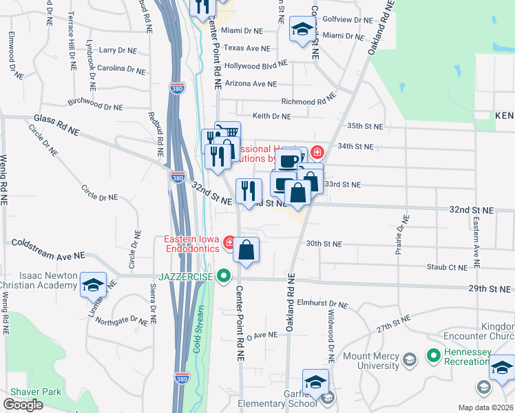 map of restaurants, bars, coffee shops, grocery stores, and more near 3201 Carlisle Street Northeast in Cedar Rapids