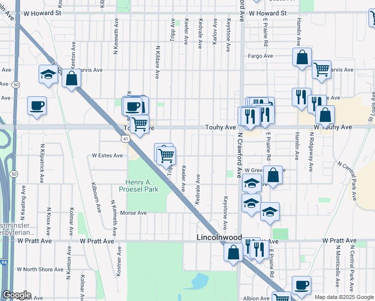 map of restaurants, bars, coffee shops, grocery stores, and more near 7118 Keeler Avenue in Lincolnwood