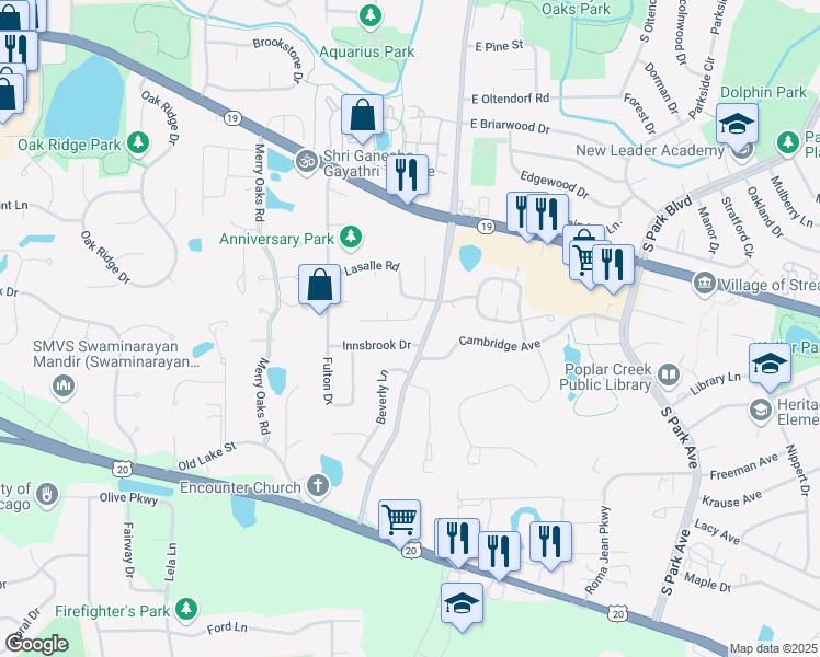 map of restaurants, bars, coffee shops, grocery stores, and more near 117 Virginia Court in Streamwood