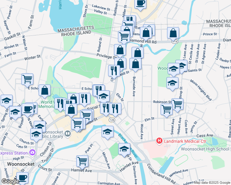 map of restaurants, bars, coffee shops, grocery stores, and more near 626 East School Street in Woonsocket