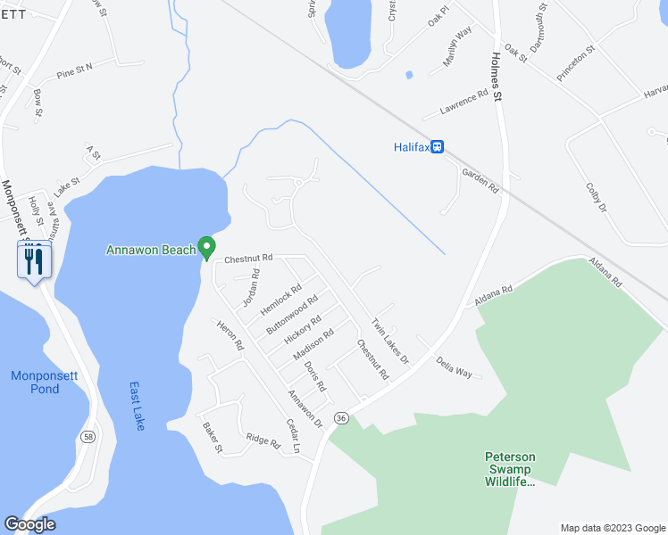 map of restaurants, bars, coffee shops, grocery stores, and more near 493 Twin Lakes Drive in Halifax