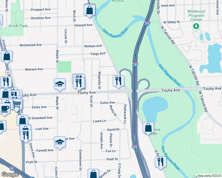 map of restaurants, bars, coffee shops, grocery stores, and more near 2340 South River Road in Des Plaines