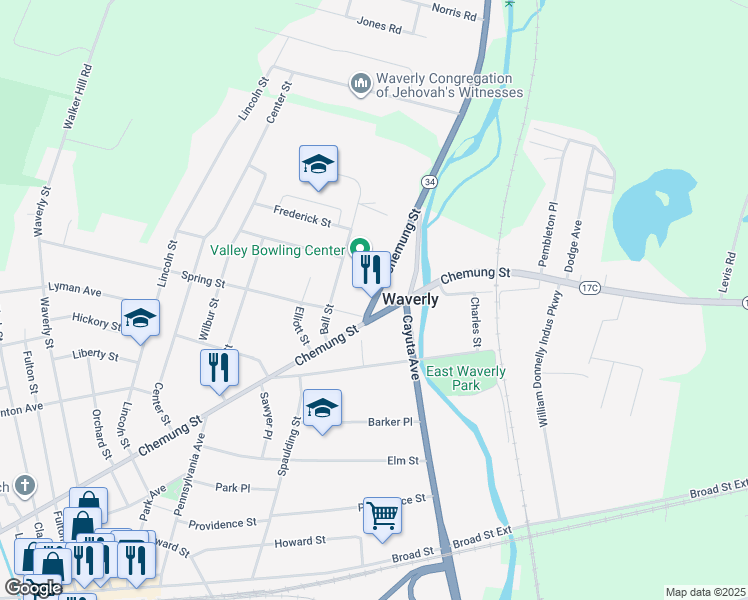 map of restaurants, bars, coffee shops, grocery stores, and more near 5 Highway 34 in Waverly