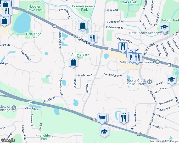 map of restaurants, bars, coffee shops, grocery stores, and more near 117 Virginia Court in Streamwood