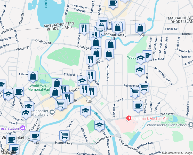 map of restaurants, bars, coffee shops, grocery stores, and more near 685 Social Street in Woonsocket