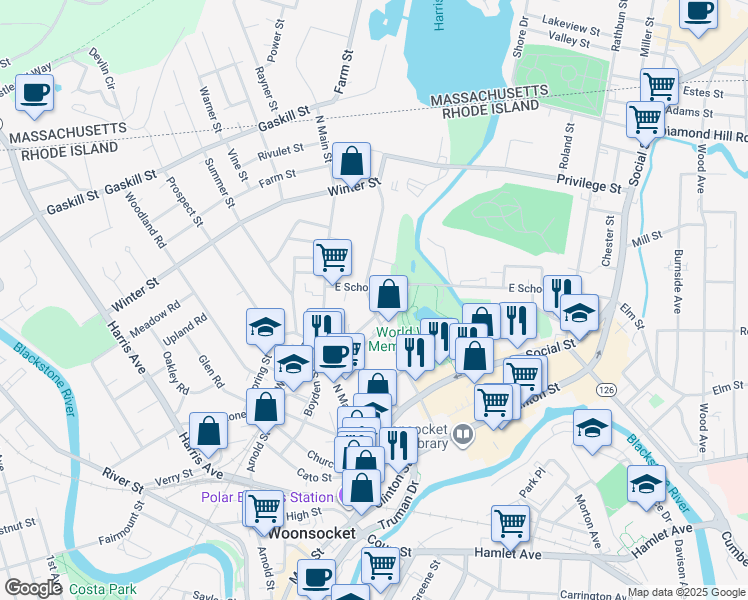 map of restaurants, bars, coffee shops, grocery stores, and more near 383 Pond Street in Woonsocket