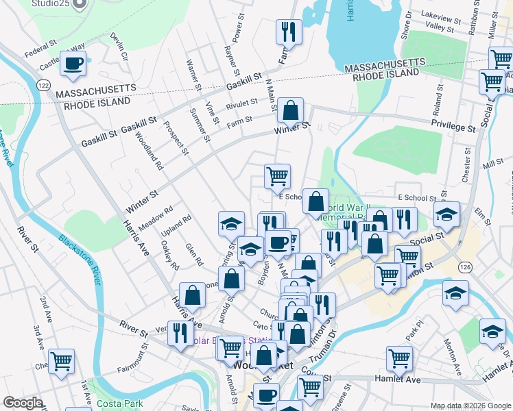 map of restaurants, bars, coffee shops, grocery stores, and more near 91 Summer Street in Woonsocket