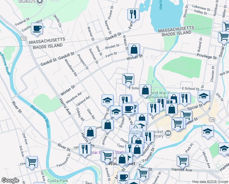 map of restaurants, bars, coffee shops, grocery stores, and more near 91 Summer Street in Woonsocket