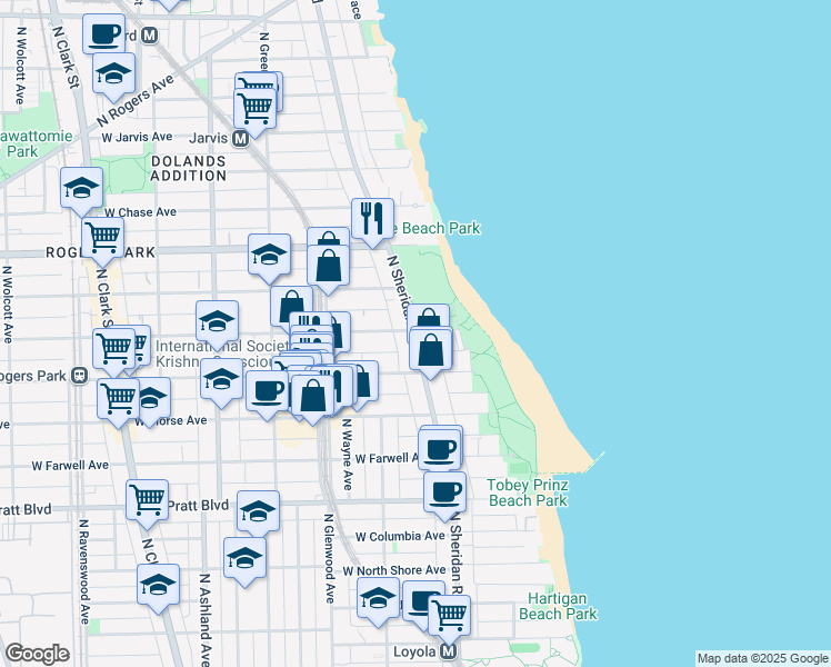 map of restaurants, bars, coffee shops, grocery stores, and more near 7046 North Sheridan Road in Chicago