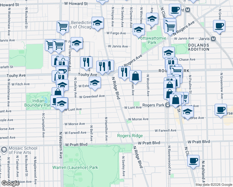 map of restaurants, bars, coffee shops, grocery stores, and more near 7054 North Ridge Boulevard in Chicago