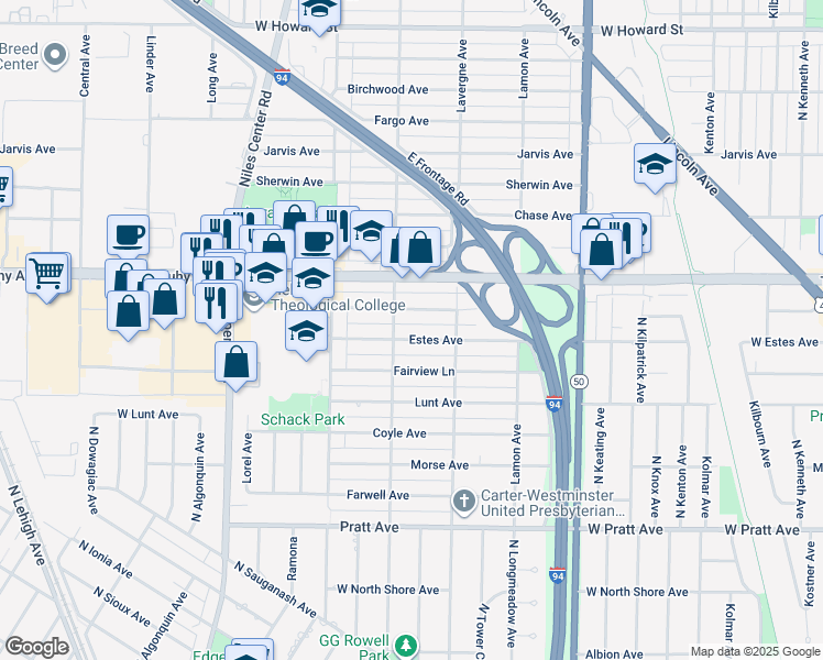 map of restaurants, bars, coffee shops, grocery stores, and more near 5041 West Fitch Avenue in Skokie