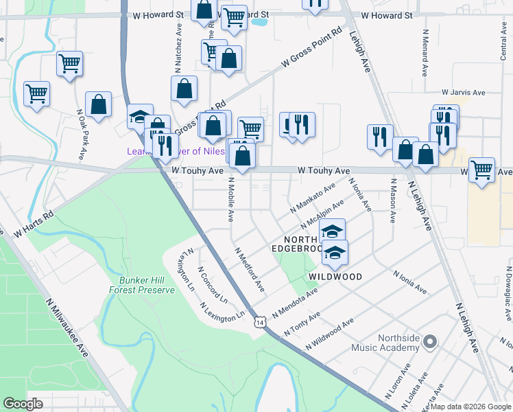 map of restaurants, bars, coffee shops, grocery stores, and more near 7111 North Merrimac Avenue in Chicago