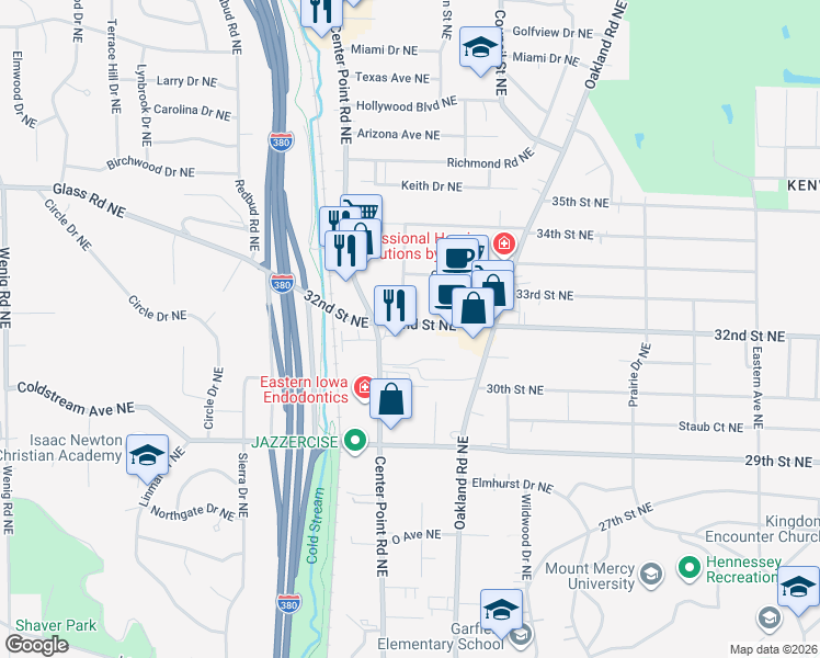 map of restaurants, bars, coffee shops, grocery stores, and more near 3201 Carlisle Street Northeast in Cedar Rapids