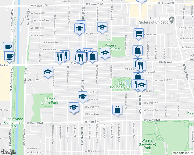 map of restaurants, bars, coffee shops, grocery stores, and more near N Washtenaw Ave & W Estes Ave in Chicago