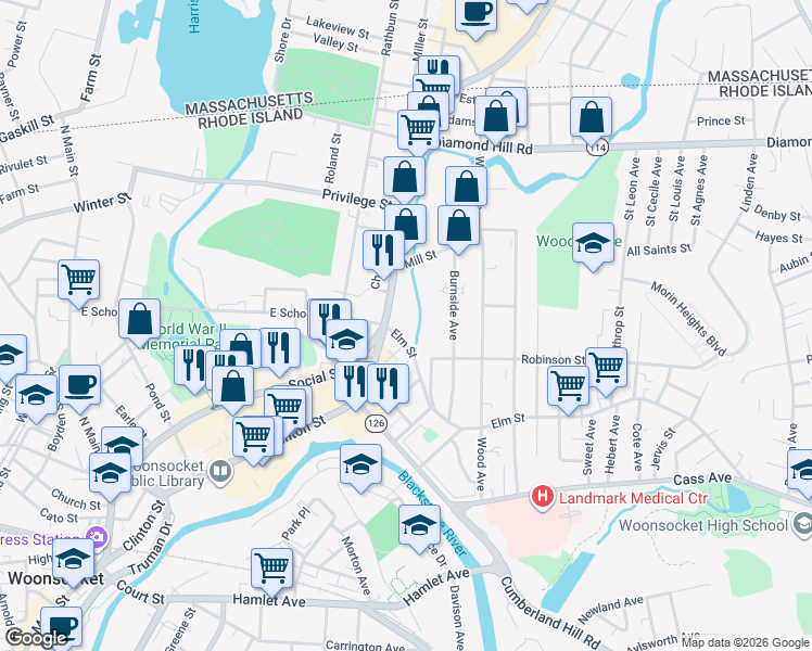 map of restaurants, bars, coffee shops, grocery stores, and more near 685 Social Street in Woonsocket