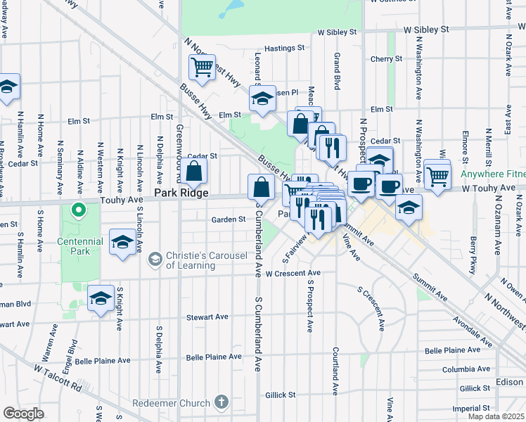 map of restaurants, bars, coffee shops, grocery stores, and more near 28 3rd Street in Park Ridge