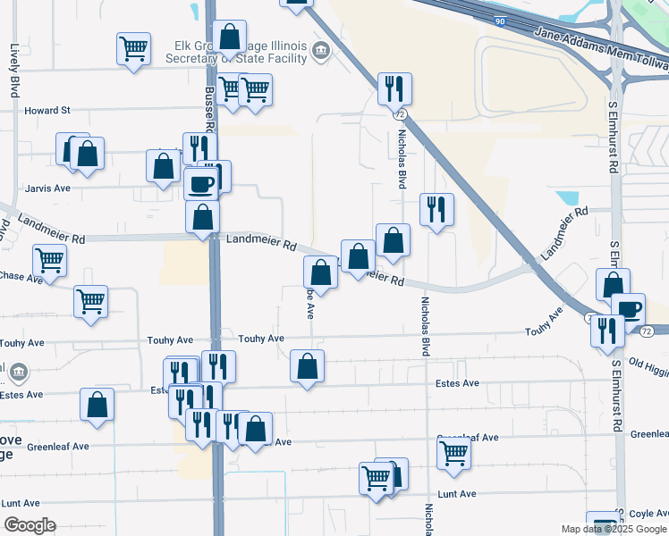map of restaurants, bars, coffee shops, grocery stores, and more near 1951 Landmeier Road in Elk Grove Village
