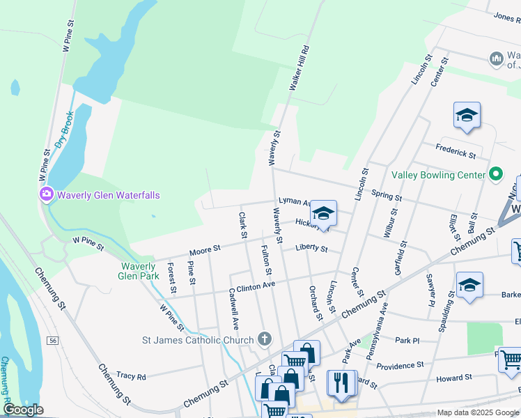 map of restaurants, bars, coffee shops, grocery stores, and more near 12 Lyman Ave in Waverly