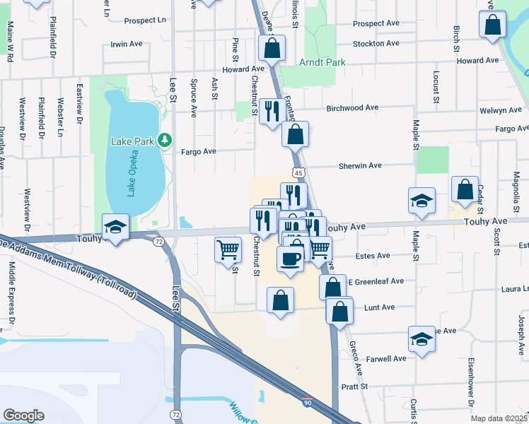 map of restaurants, bars, coffee shops, grocery stores, and more near 1350 East Touhy Avenue in Des Plaines