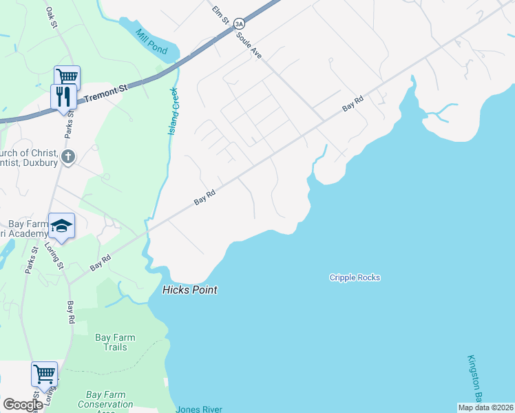 map of restaurants, bars, coffee shops, grocery stores, and more near 45 Grandview Avenue in Duxbury