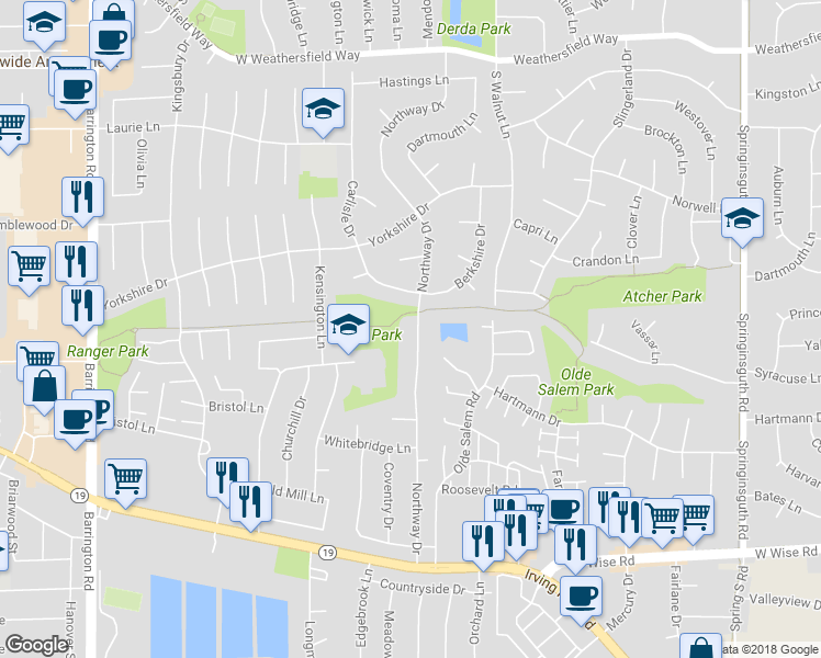 map of restaurants, bars, coffee shops, grocery stores, and more near 7736 Northway Drive in Hanover Park