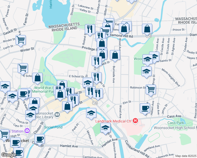 map of restaurants, bars, coffee shops, grocery stores, and more near 685 Social Street in Woonsocket