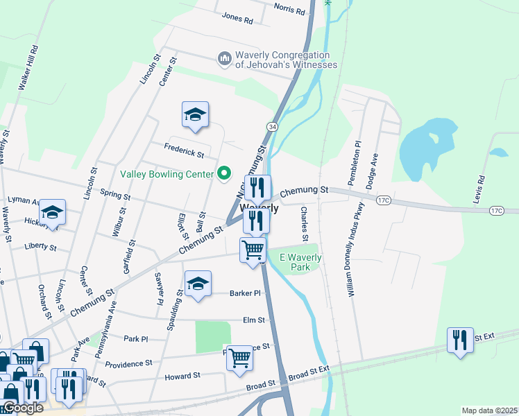 map of restaurants, bars, coffee shops, grocery stores, and more near in Waverly