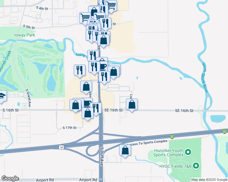 map of restaurants, bars, coffee shops, grocery stores, and more near Meadow Lane Court in Ames