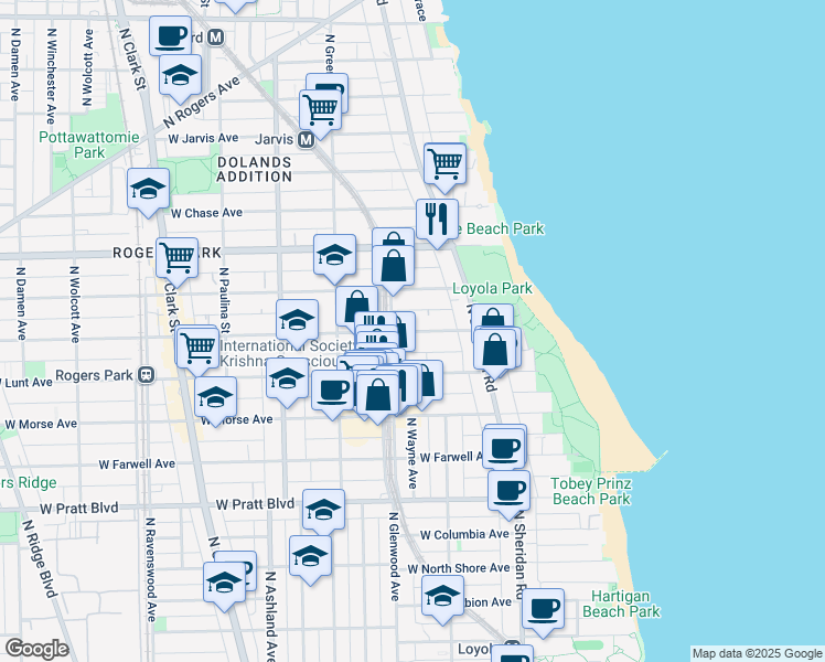 map of restaurants, bars, coffee shops, grocery stores, and more near 1350 West Greenleaf Avenue in Chicago