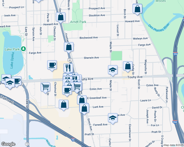 map of restaurants, bars, coffee shops, grocery stores, and more near 1554 E Touhy Ave in Des Plaines