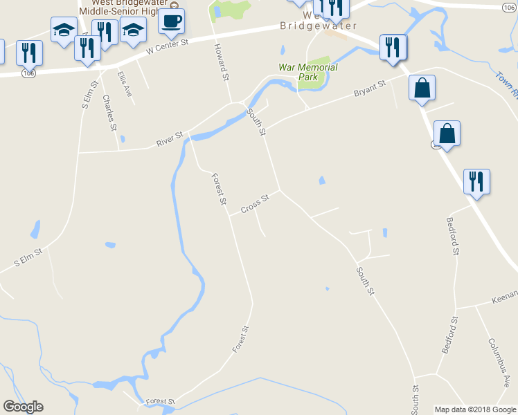 map of restaurants, bars, coffee shops, grocery stores, and more near 26 Cross Street in West Bridgewater